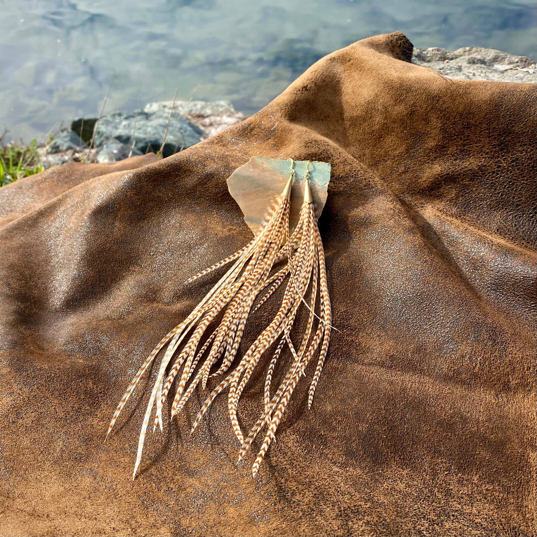 Earrings-Long Feather & Cone-Ginger Grizzly/Gold, Western