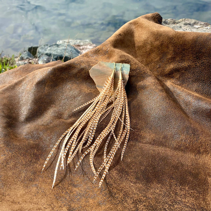 Earrings-Long Feather & Cone-Ginger Grizzly/Gold, Western