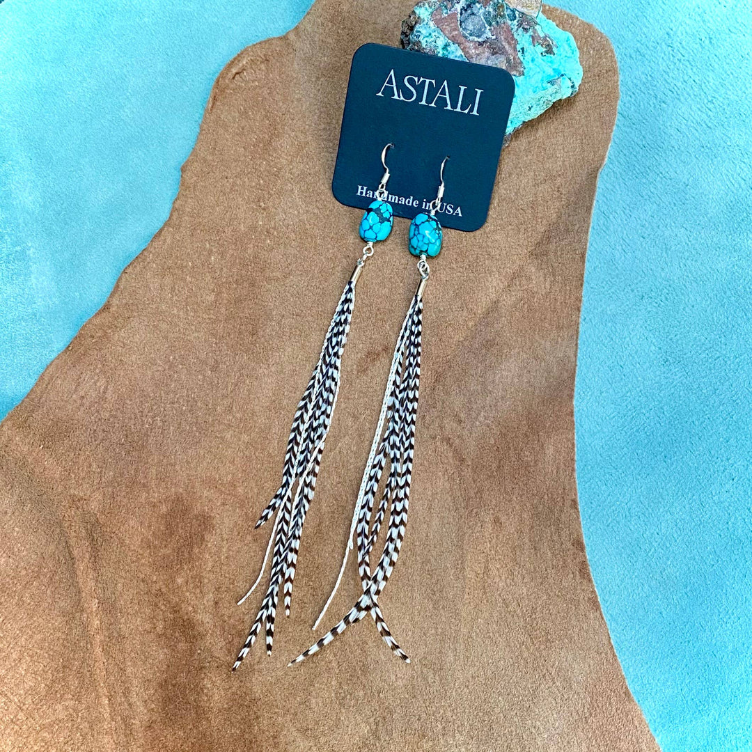 Astali Earrings-Turquoise & Mini Feather-Grizzly/Silver, Western