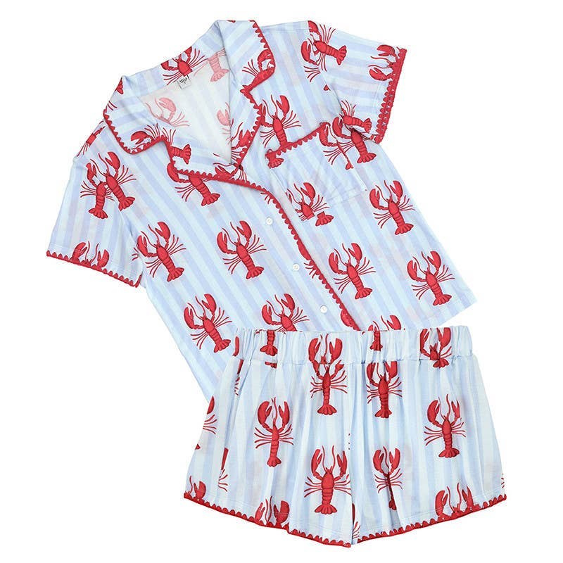 Short Set-Bamboo PJ Set with Whip Stitch - Blue Stripes + Lobsters