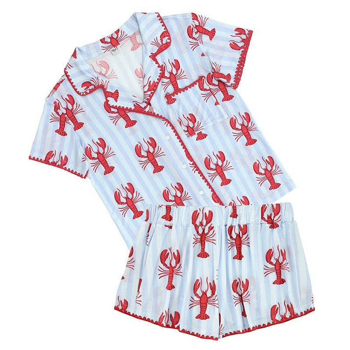 Short Set-Bamboo PJ Set with Whip Stitch - Blue Stripes + Lobsters