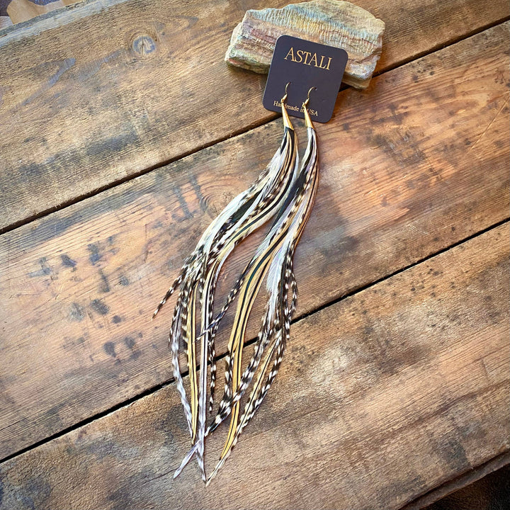 Earrings-FREEBIRDS COLLECTION: Cone Feather-Golden Black Grizzly