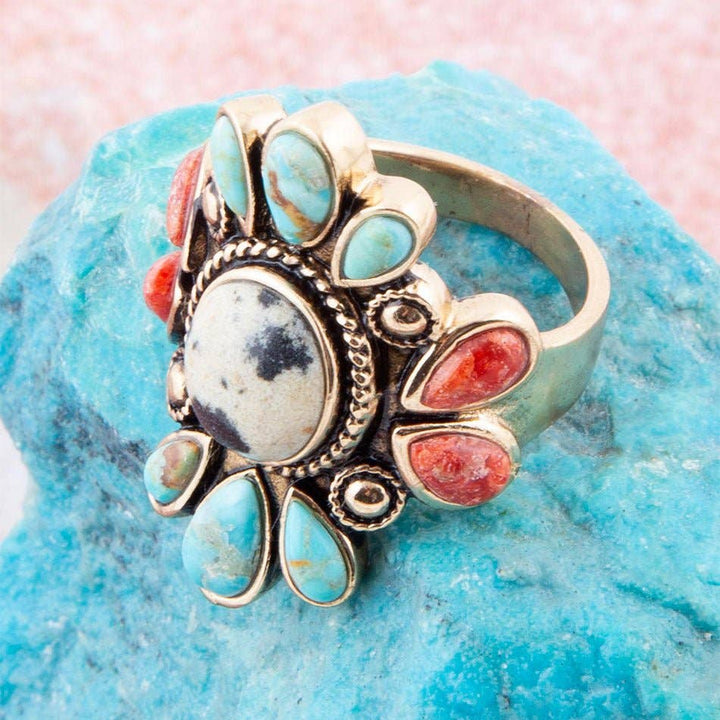 Ring-Dalmatian Jasper Multi Color Stone Golden