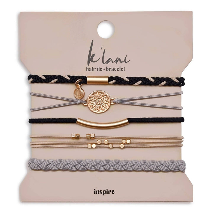 Hair Tie Bracelets-Inspire Grey and Black with Gold Flower Accent