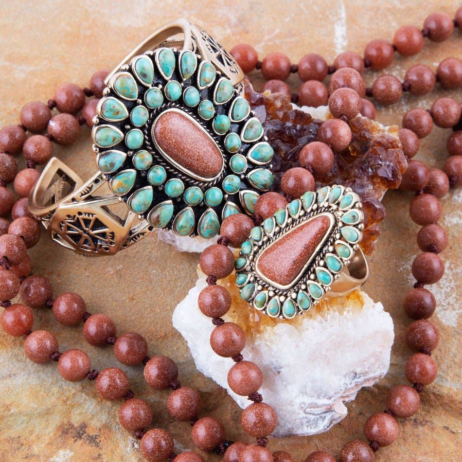 Ring-Sedona Blue Turquoise Orange Goldstone Golden Statement