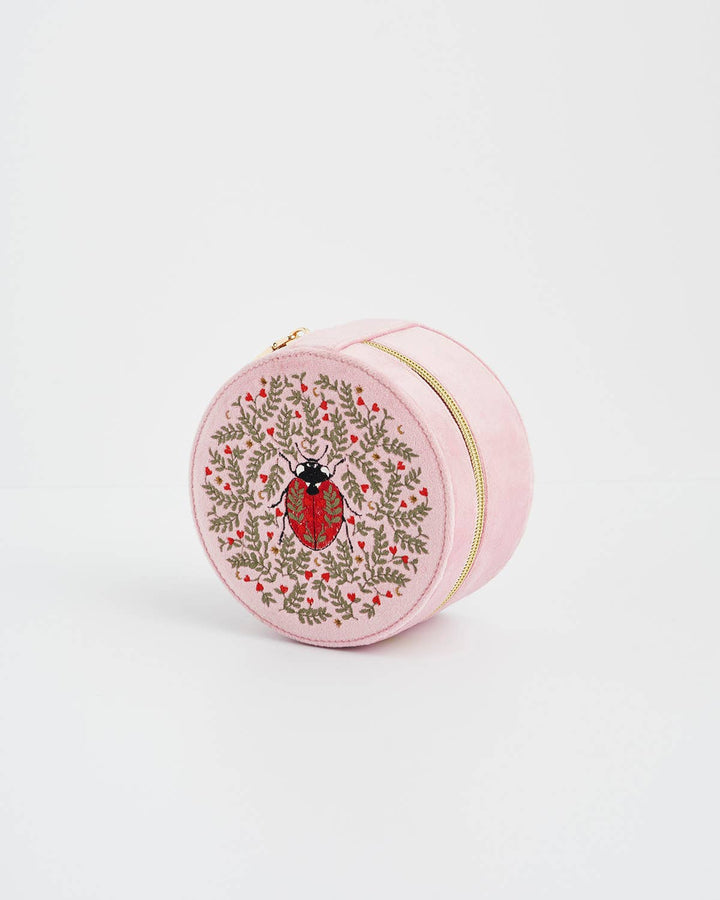 Ladybug Pink Velvet Embroidered Circle Jewellery Box