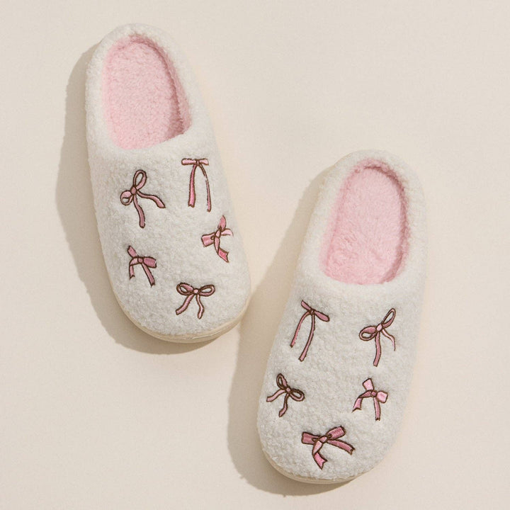 Cozy Bow Embroidered Plush Slippers