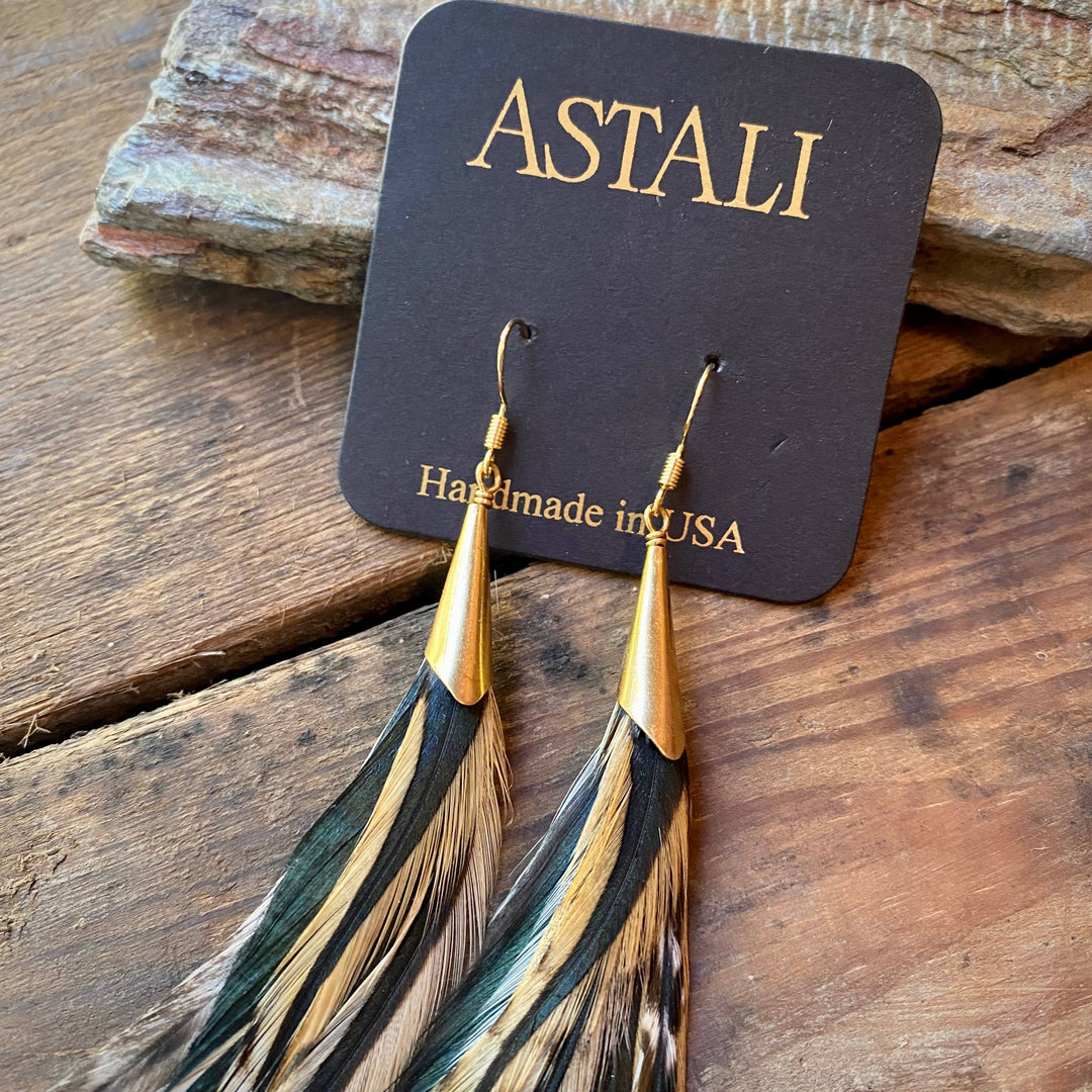 Earrings-FREEBIRDS COLLECTION: Cone Feather-Golden Black Grizzly