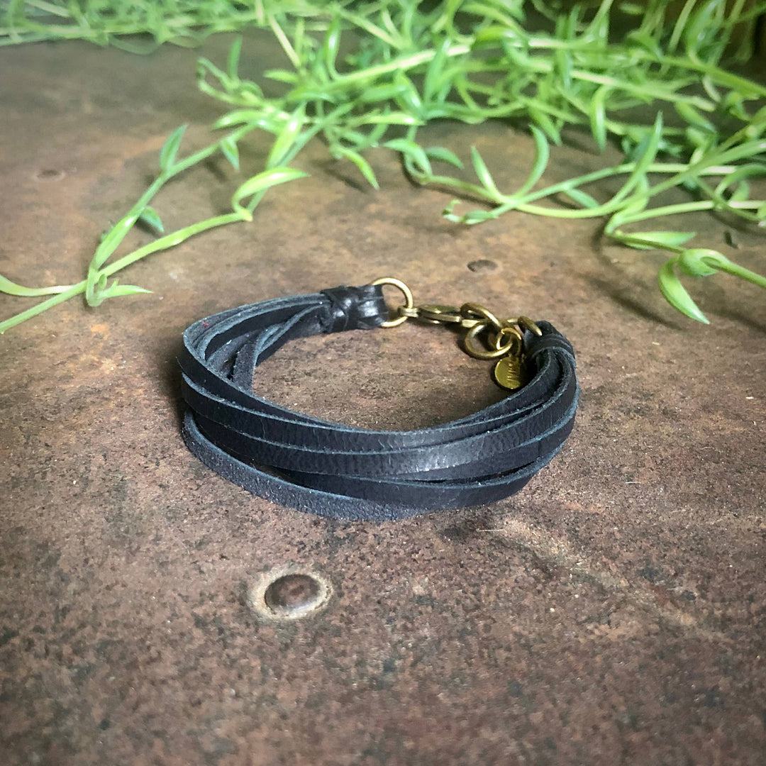 Leather 7-Strand Bracelet-Black & Brass, Boho Western