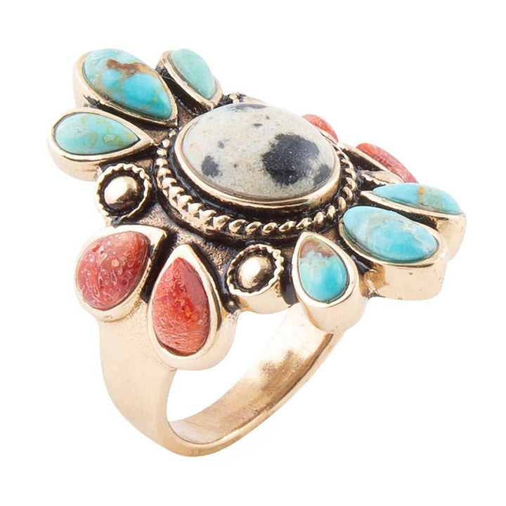 Ring-Dalmatian Jasper Multi Color Stone Golden