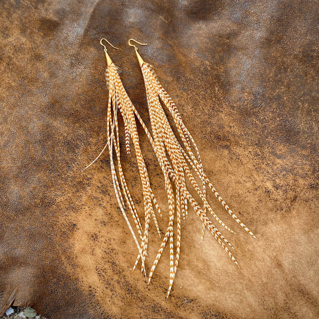 Earrings-Long Feather & Cone-Ginger Grizzly/Gold, Western