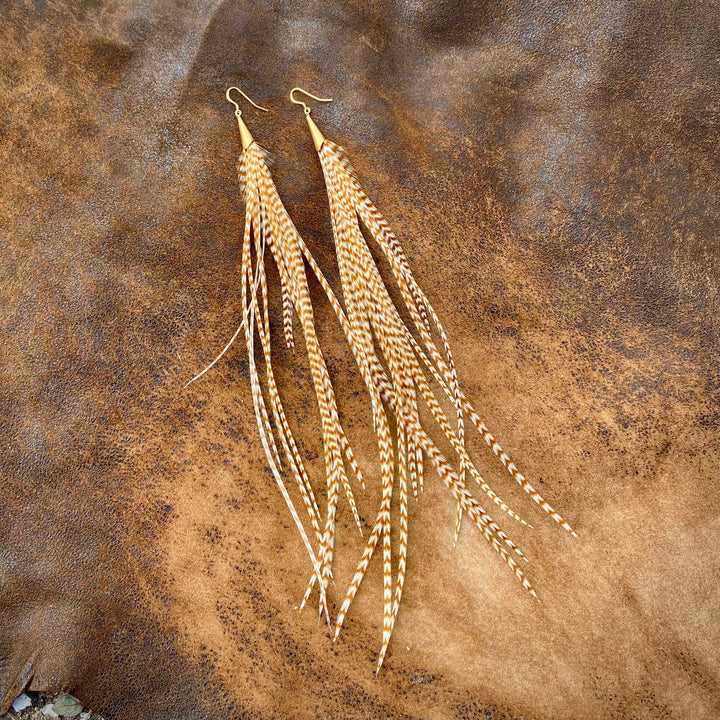 Earrings-Long Feather & Cone-Ginger Grizzly/Gold, Western