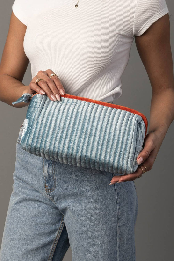 Velvet Ribbed Travel Pouch-Lt. Blue & Orange
