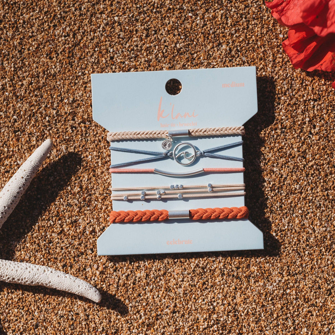 Hair Tie Bracelets-Celebrate Blues and Corals With Silver Wave Charm