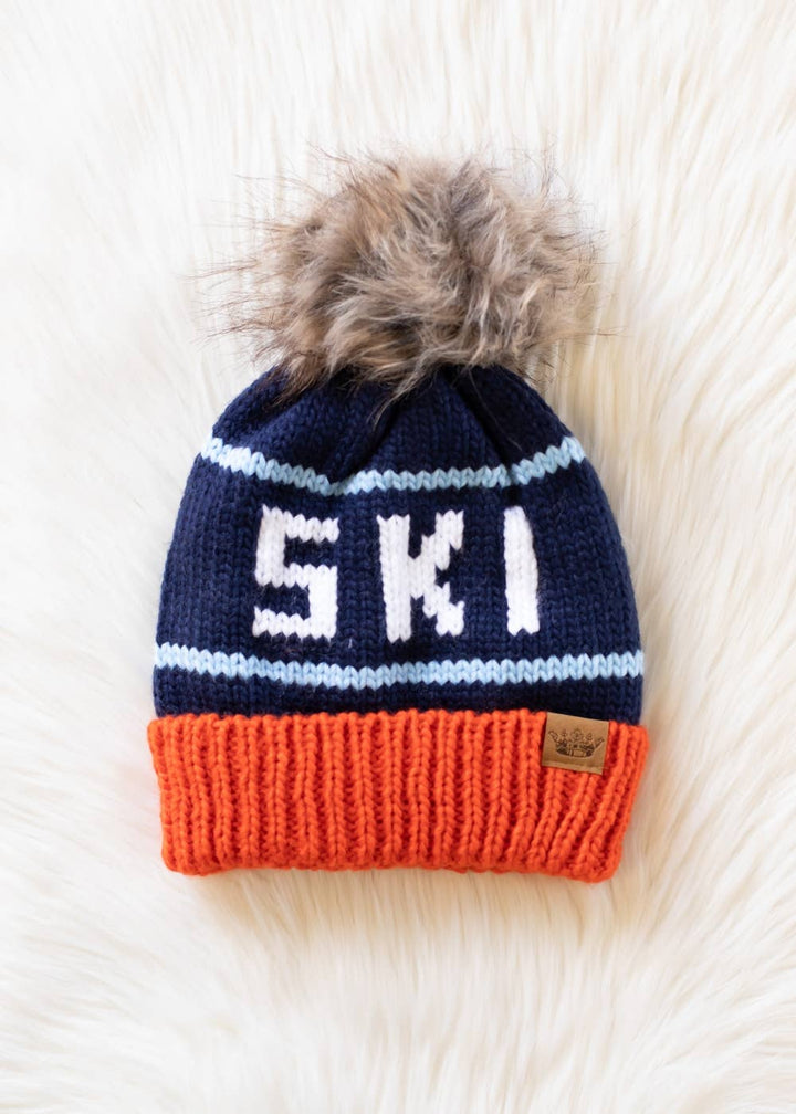 Pom Hat-Orange, Navy & Lt. Blue Ski