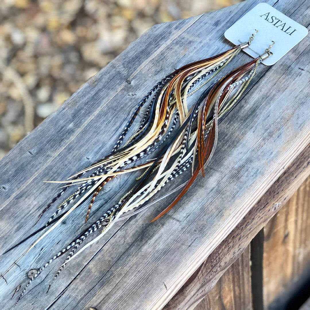 Earrings-FREEBIRDS COLLECTION: Extra Long Feather-Mixed Grizzly