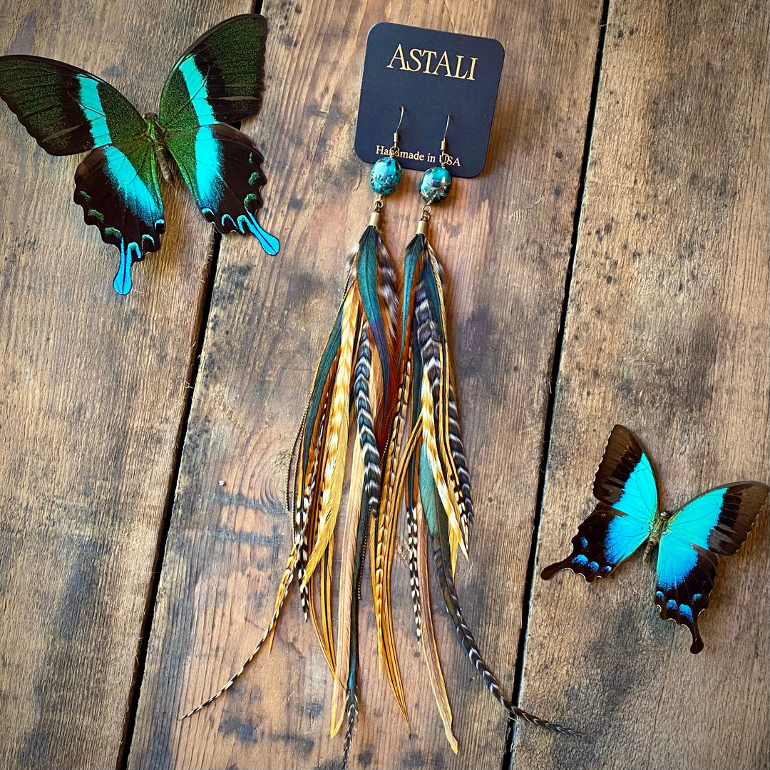 Earrings-FREEBIRDS COLLECTION: Turquoise & Feather-Cree Mix